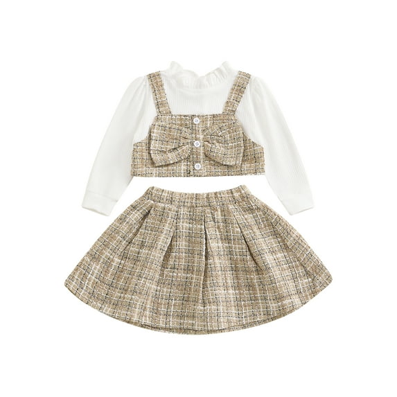Miaouyo Little Girls Tweed Outfit, Plaid Long Sleeve Fake Two-Piece Crop Tops Elastic Waist Skirt 2 Piece Set for Fall