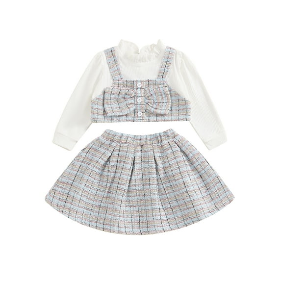 Miaouyo Little Girls Tweed Outfit, Plaid Long Sleeve Fake Two-Piece Crop Tops Elastic Waist Skirt 2 Piece Set for Fall