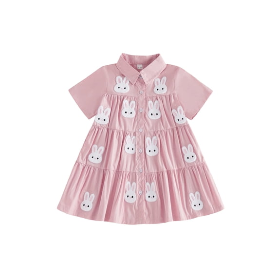 Miaouyo Little Toddler Girl Easter Dress Bunny/Carrot Short Sleeve Button-up Collared Tiered Ruffle Dresses for Summer Spring