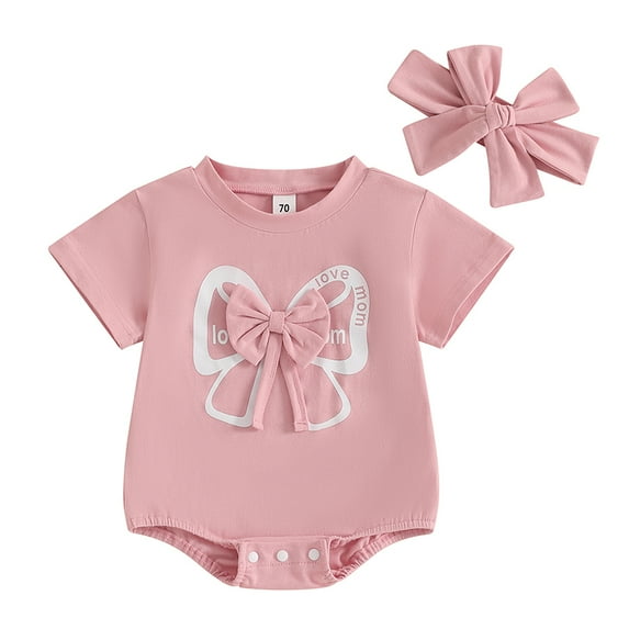 Miaouyo Newborn Girl Outfit, Short Sleeve Crew Neck Bow Bodysuit with Headband Summer Clothes