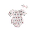 thumbnail image 1 of Miaouyo Newborn Girl Outfit, Short Sleeve Pleated Bow Print Bodysuit with Bowknot Headband 4th of July Clothing, 1 of 9