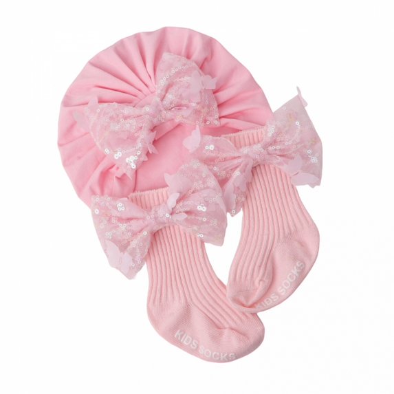 Miaouyo Newborn Hat and Socks Set, Sequined Bow Soft Casual Baby Girl Accessories