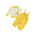 thumbnail image 1 of Miaouyo Toddler Baby Girl Fall Outfits 6 12 18 24 Months 2T 3T 4T Flower Print Long Sleeve Round Neck Pullover + Plush Overalls Pants 2 Pcs Set, 1 of 9