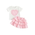 thumbnail image 1 of Miaouyo Toddler Baby Girl Valentine's Outfit 6 12 18 24 Months 2T 3T 4T Short Sleeve Crew Neck Plaid Applique Tops and Tiered Skirt Set, 1 of 9
