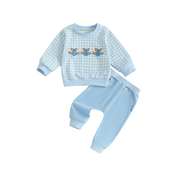 Miaouyo Toddler Baby Girls Boys Thanksgiving Outfit 3 6 12 18 24 Months 2T 3T Turkey Embroidered Plaid Long Sleeve Sweatshirt with Pants