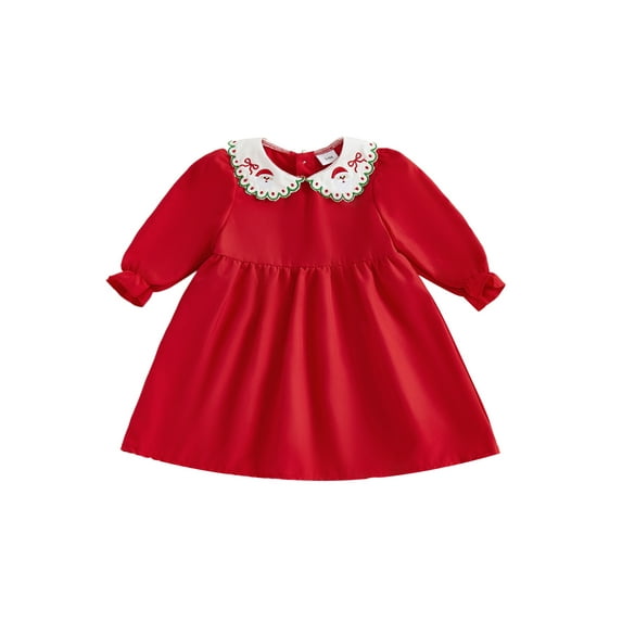 Miaouyo Toddler Baby Girls Christmas Santa Claus Embroidery Dress 6 12 18 24 Months 2T 3T 4T Long Sleeve Doll Collar A-line Dress