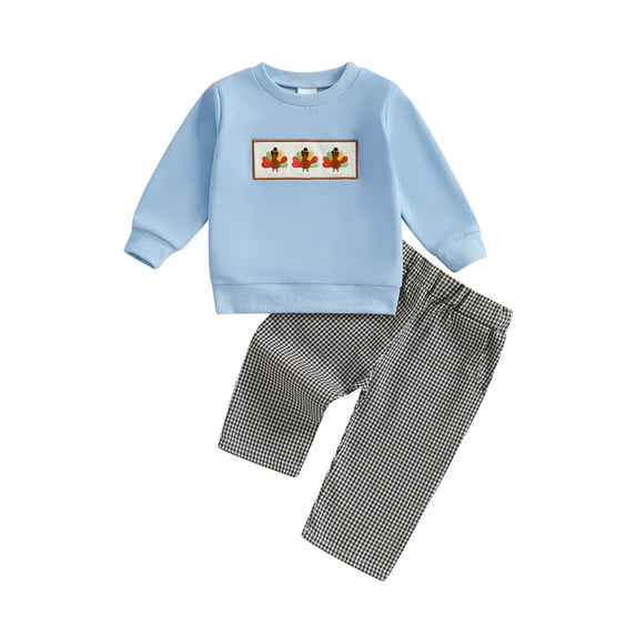 Miaouyo Toddler Boys Thanksgiving Outfits Turkey Embroidery Sweatshirts and Plaid Long Pants 2Pcs Clothes Set