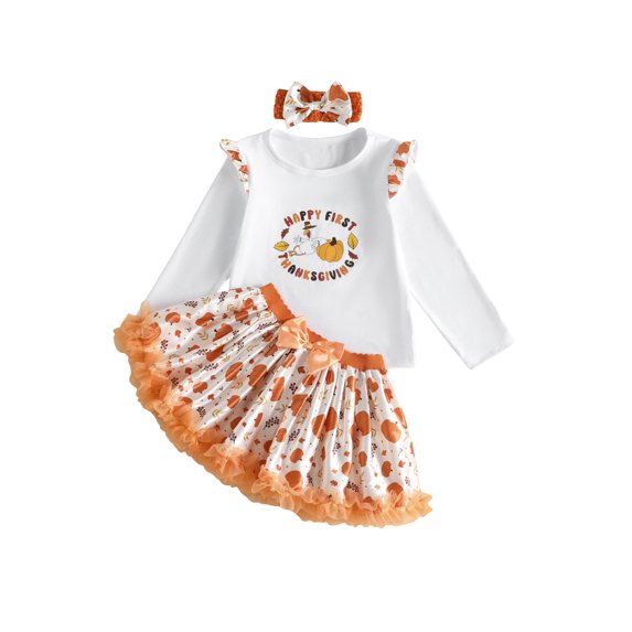 Miaouyo Toddler Girl Thanksgiving Outfits Long Sleeve Tops + Pumpkin Print Skirt