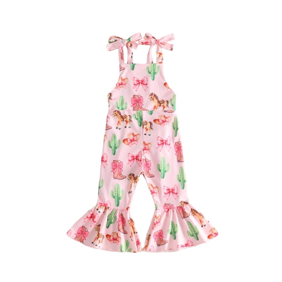 Miaouyo Toddler Girls Overalls Rugby/Cow/Horse Print Sleeveless Bell Bottom Romper