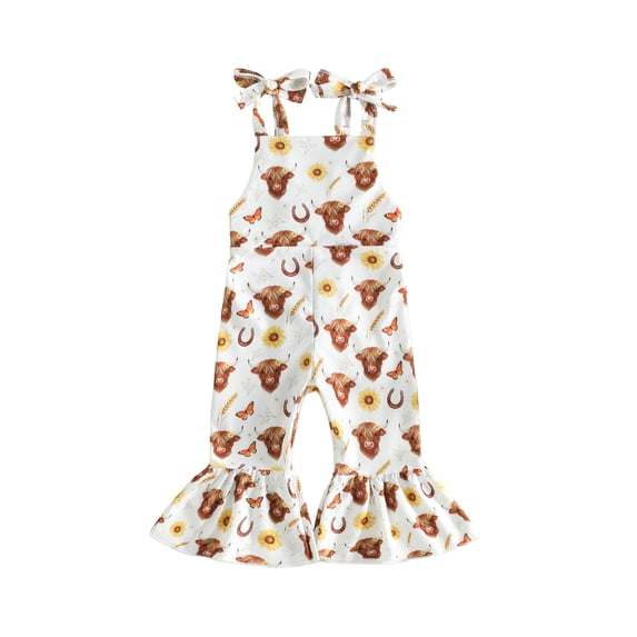 Miaouyo Toddler Girls Overalls Rugby/Cow/Horse Print Sleeveless Bell Bottom Romper