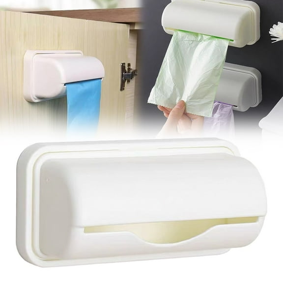 Miayilima Garcasee Case Plastic Trash Bag Dispenser Roll Holder Pp Plastic Bag Organizer No Punching Wall Mounted Garbage Bag Dispenser for Kitchen Bathroom Laundry Room White