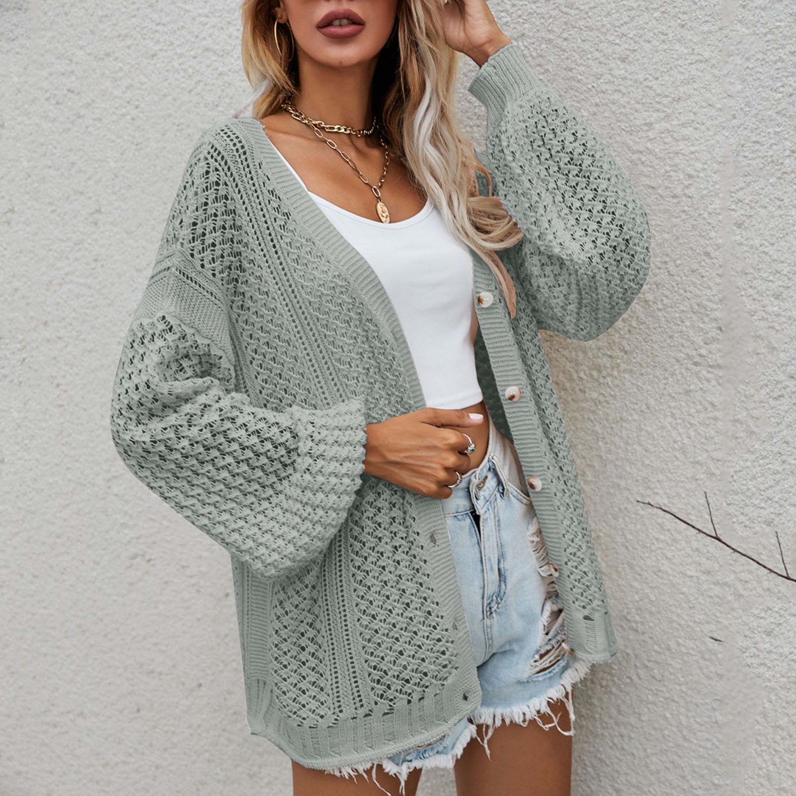 Miayilima Grey XL Womens Coats Solid Casual Crochet Cardigan
