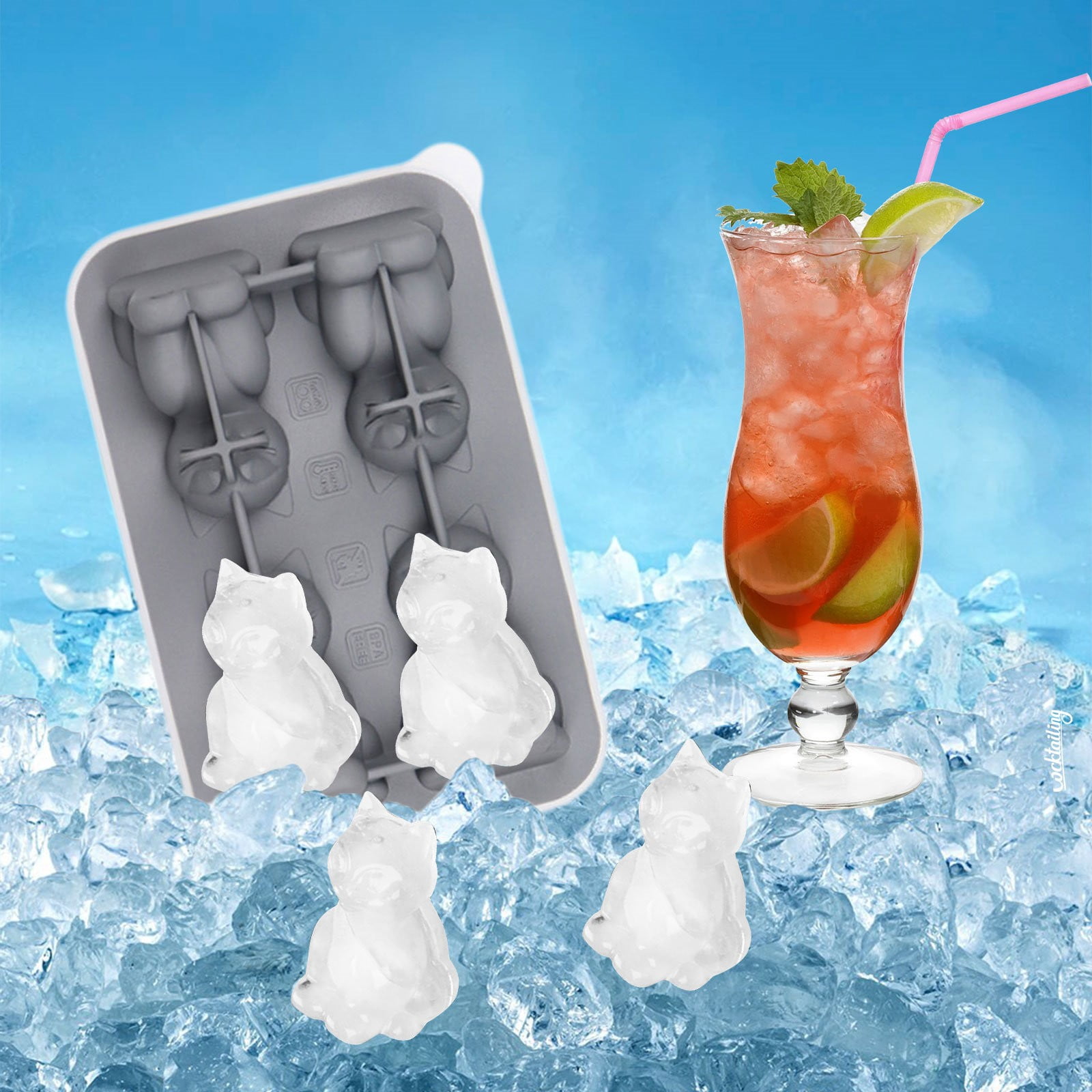 Miayilima Ice Cube Mold 3D Cat Shaped Silicone Ice Cube Tray with Lid 4 ...