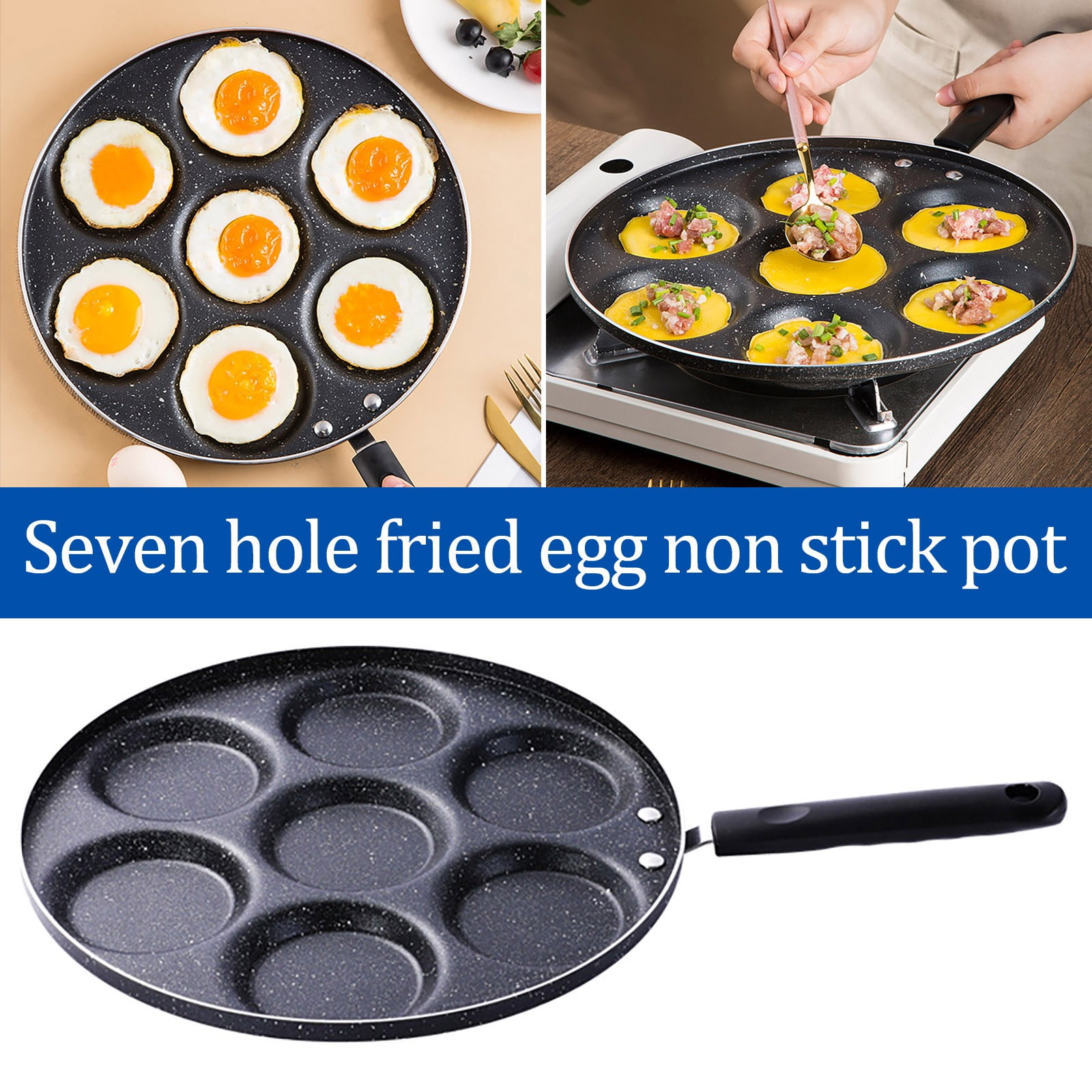Miayilima Non-Stick Pan Fryer Hole Pan Hamburger Frying Eggs Pan Frying Seven Mould Non Stick Kitchen,Dining Bar,1× 7-Hole Omelet Pan