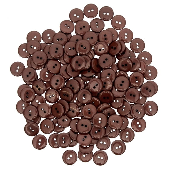 Mibo 100pcs Polyester Button - 2 Hole - Basic Round Top - Shiny Finish - 24L(15mm) - Brown