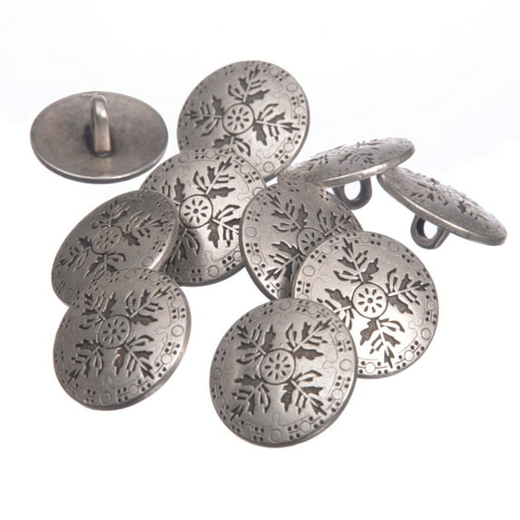Mibo 10pcs Zinc Die Cast Metal Shank Button - Scandinavian Leaf Pattern - 24L(15mm) - Antique Silver