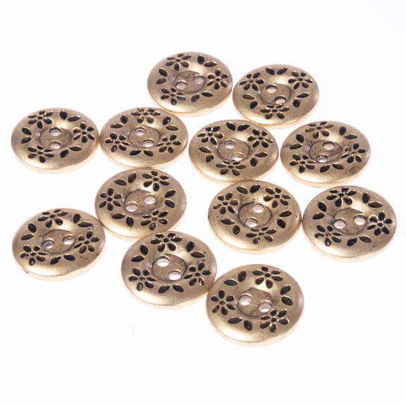 Mibo 12pcs ABS Metal Plated Button - 2 Hole - Engraved Flower and Leaf Design - 20L(12mm) - Matte Antique Gold