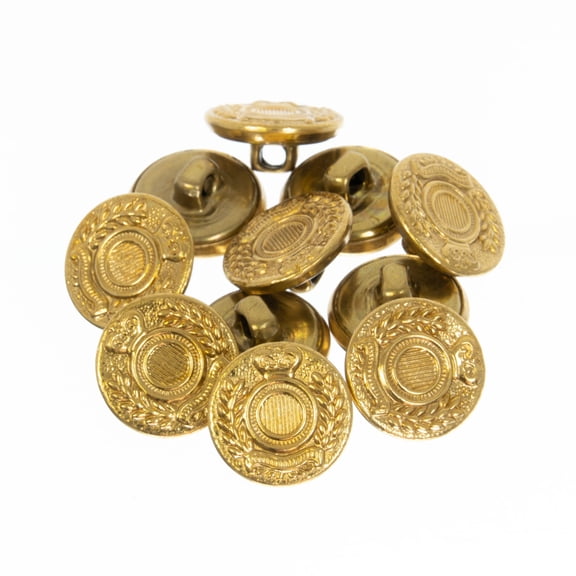 Mibo 12pcs Metal Shank Button - Heraldic Laurel Wreath and Crown Emblem - 24L(15mm) - Gold