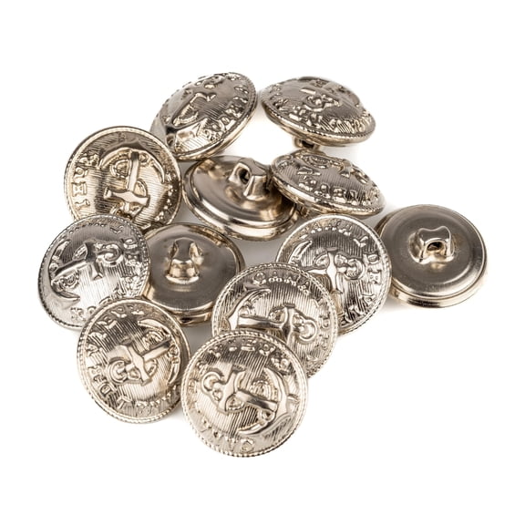 Mibo 12pcs Rounded Metal Shank Buttons - 28L(18mm) Nautical Crest with Rope and Anchor Design - Nickel