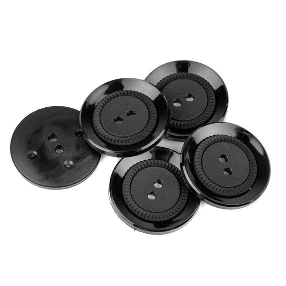 Mibo 5pcs Nylon Resin Button - 2 Hole - Shiny Concaved Rim with Matte Rope Edge Center - 54L(34mm) - Black