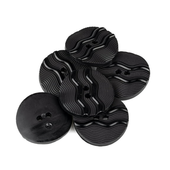 Mibo 6pcs Nylon Resin Button - 2 Hole - Embossed Wave Pattern on Wavy Textured Backround with Convexed Edge - 44L(28mm) - Black