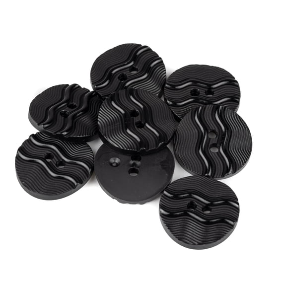 Mibo 8pcs Nylon Resin Button - 2 Hole - Embossed Wave Pattern on Wavy Textured Backround with Convexed Edge - 36L(22mm) - Black