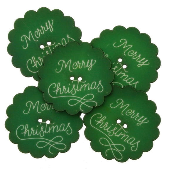 Mibo Buttons & Accessories Nylon Resin - Daisy Shape - Festive Holiday Button - Laser Engraved - 'Merry Christmas' - 2 Hole - 62L(40mm) - Green