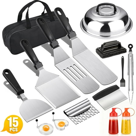 Mibote 15PCS Griddle Accessories Kit, Flat Top Grill Accessories Set for Blackstone and Camp Chef, Grill Spatula Set with Enlarged Spatulas, Scraper for Outdoor Barbecue