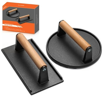 Mibote 7 " Round 8.2" x 4.3" Rectangle Cast iron Grill Press with Wooden Handle (2 Count)