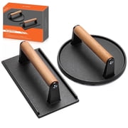 Mibote Burger Press, 2 Pcs Heavy-Duty Cast Iron Smash Bacon Press with Wood Handle for Griddle, Sandwich, Nonstick Pan