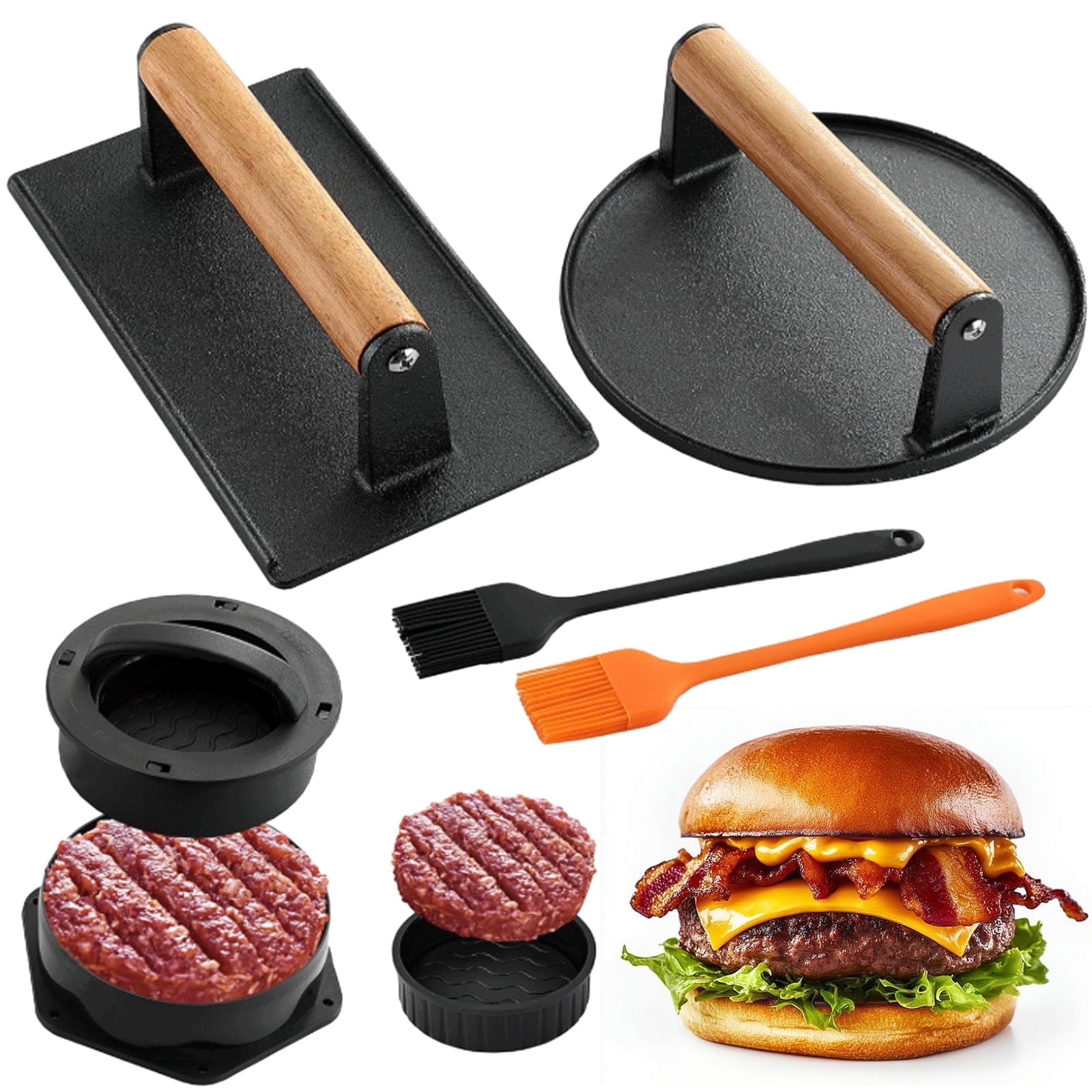 Mibote 7 " Round 8.2" x 4.3" Rectangle Cast iron Grill Press with Wooden Handle,Burger Press, Silicone Brush - Walmart.com