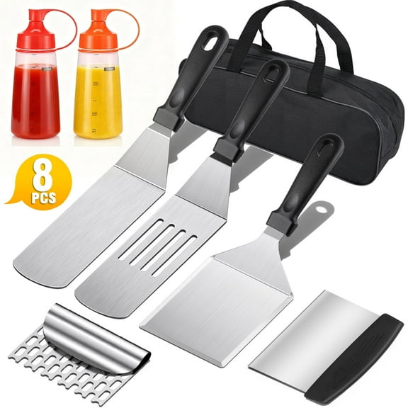 Mibote 8PCS Griddle Accessories Kit, Flat Top Grill Accessories Set for Blackstone and Camp Chef, Grill Spatula Set with Enlarged Spatulas, Scraper for Outdoor Barbecue