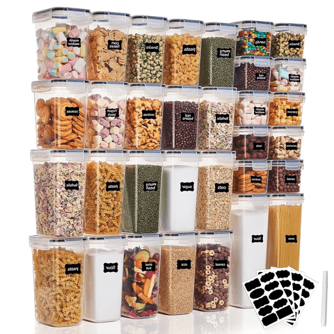 32 Pack Airtight Food Storage Containers Set, BPA Free Plastic Kitchen and Pantry Organization Canisters with Lids for Cereal, Dry Food, Flour and Sugar, Includes 32 Labels