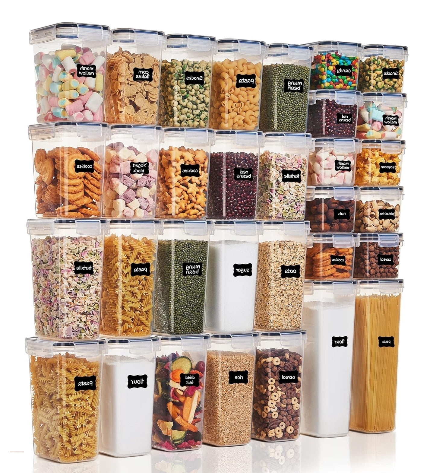 32pcs Airtight Food Storage Containers Set, BPA Free, Clear Plastic Kitchen and Pantry Organization Canisters with Lids for Cereal, Dry Food, Flour and Sugar, Includes 32 Labels and Marker