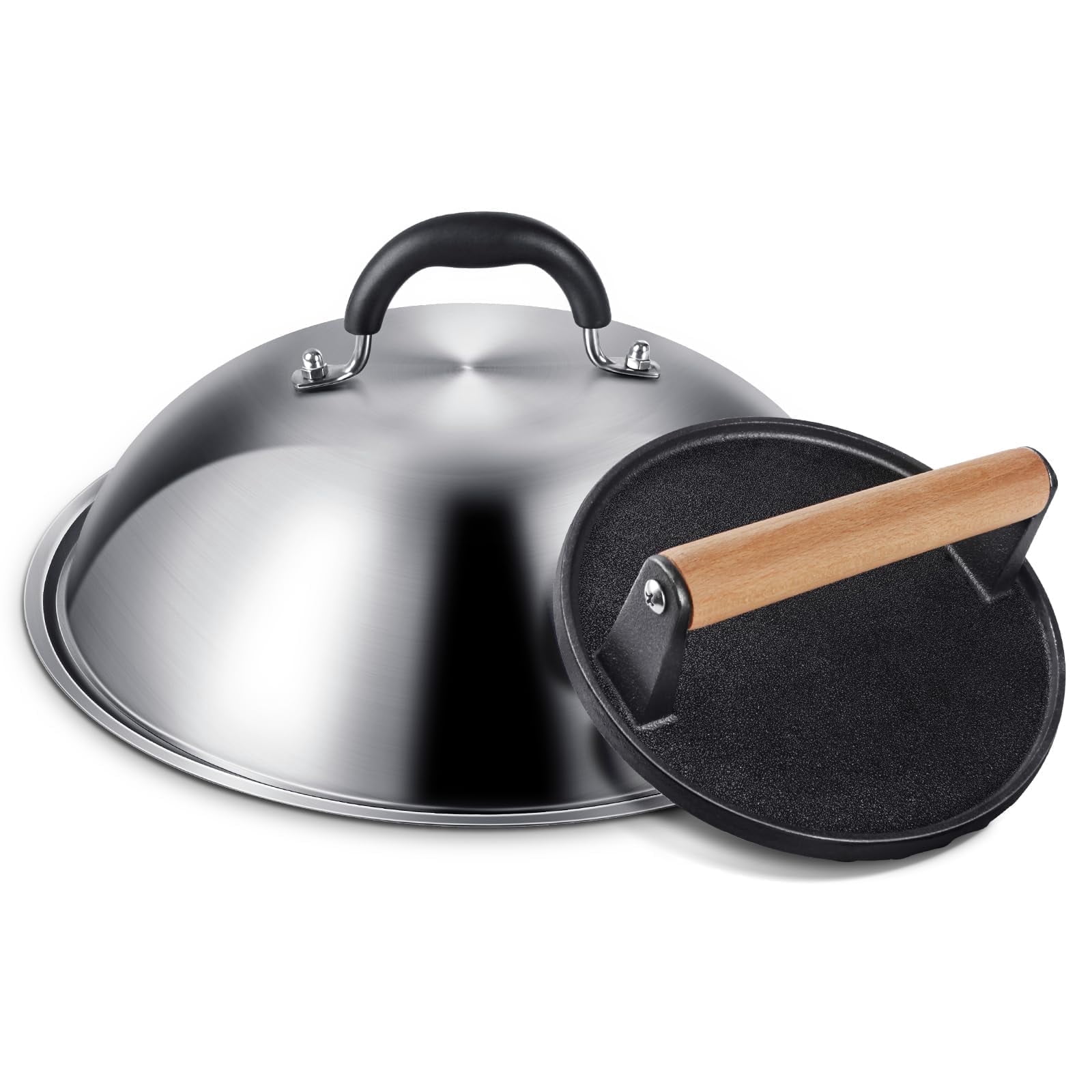 Mibote Griddle Accessories for Blackstone,12inch Heavy Duty Round Dome with Cast Iron Grill Bacon Press