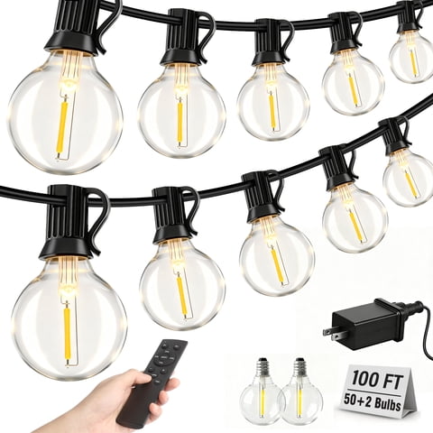 Mibote Outdoor String Lights, 100FT 50 G40 Bulbs Shatterproof Patio Lights,Waterproof,Dimmable ,Remote Control for Patio Garden