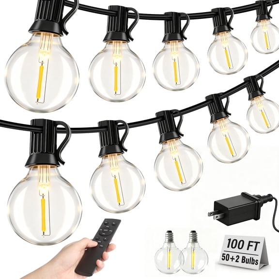 Mibote Outdoor String Lights, 100FT 50 G40 Bulbs Shatterproof Patio Lights,Waterproof,Dimmable ,Remote Control for Patio Garden