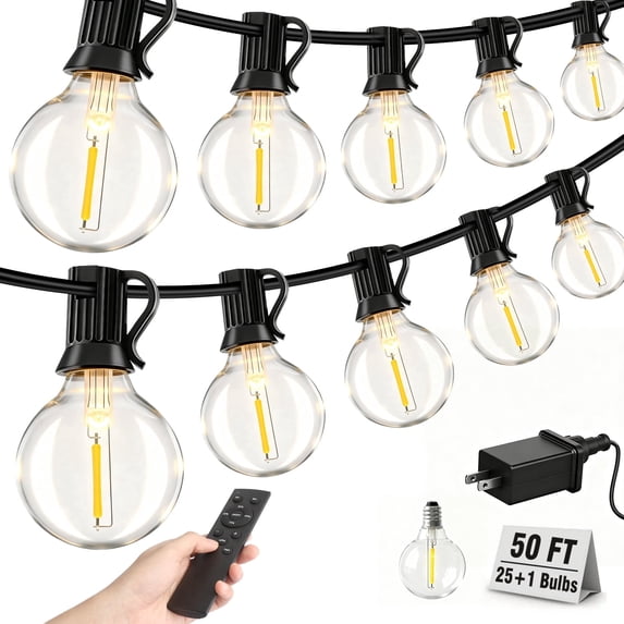 Mibote Outdoor String Lights, 50FT 25 G40 Bulbs Shatterproof Patio Lights,Waterproof,Dimmable ,Remote Control for Patio Garden