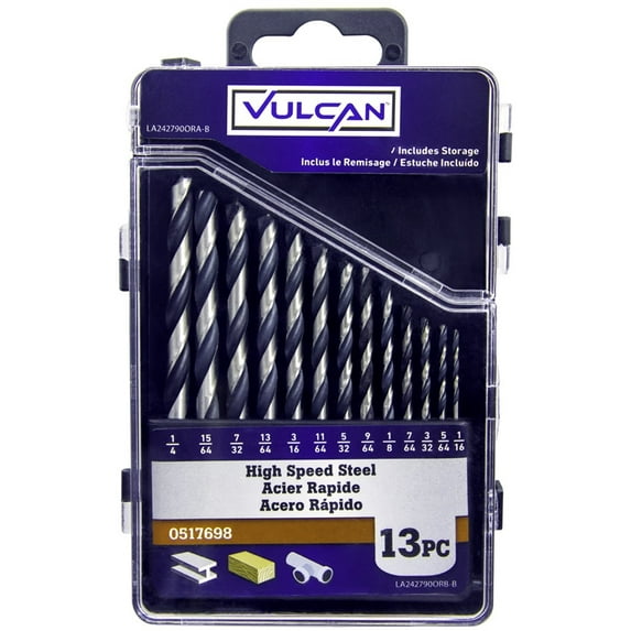 Vulcan 242790OR Plastic Case Drill Bit Set, 13-Piece, High Speed Steel, Black Oxide/Polished