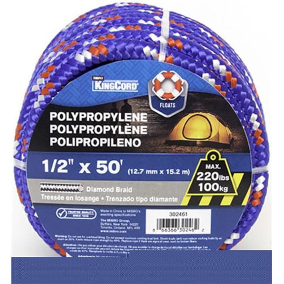 Mibro 302461BGV1 0.5 in. x 50 ft. Polypropylene Diamond Braid Rope, Blue, Red & White