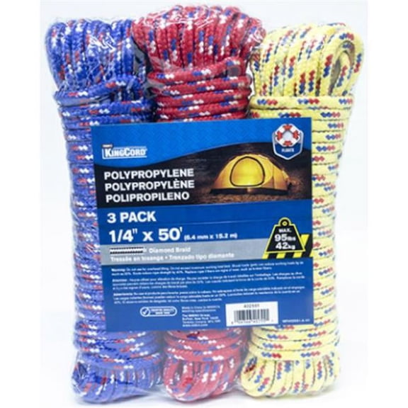 Mibro 402551BG 0.25 in. x 50 ft. Polypro Diamond Braid Rope, Assorted Color - Pack of 3