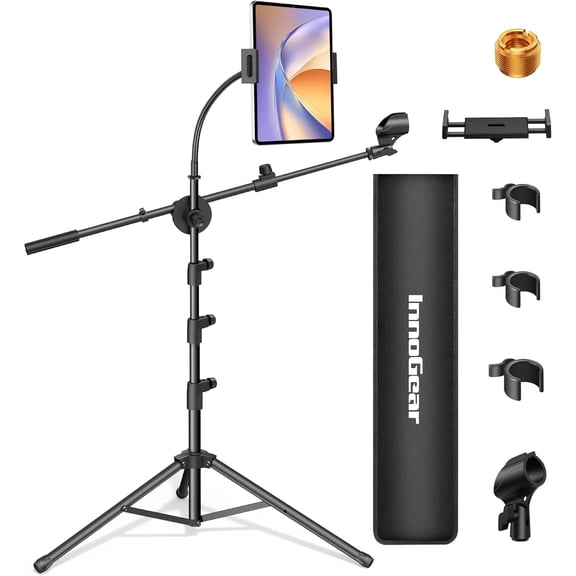 Mic Stand, 6 in 1 Microphone Stand Floor with Tablet Phone Holder Height Adjustable from 30" to 72" Mic Stand Tripod Boom Arm with Gooseneck Carrying Bag for Singing Karaoke Stage