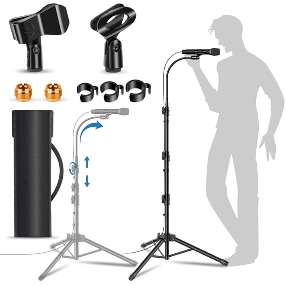 Mic Stand Detachable Gooseneck Microphone Stand Floor Height Adjustable from 24” to 67” for Kids with 2 Mic Clips for Singing Lecture Stage Wedding