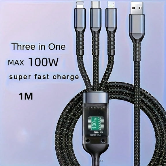 The MicFlip 100W Max multi-functional charging cable is a 1.2-meter 3-in-1 USB fast charging cable suitable for iPhones and other devices. It features nylon braided construction, MFi certification, a