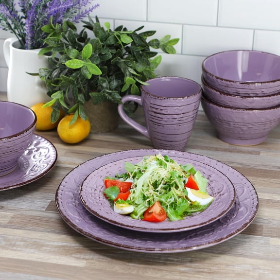 Mica 16-Piece Stoneware Dinnerware Set  Reactive Glaze Embossed Pattern Tableware