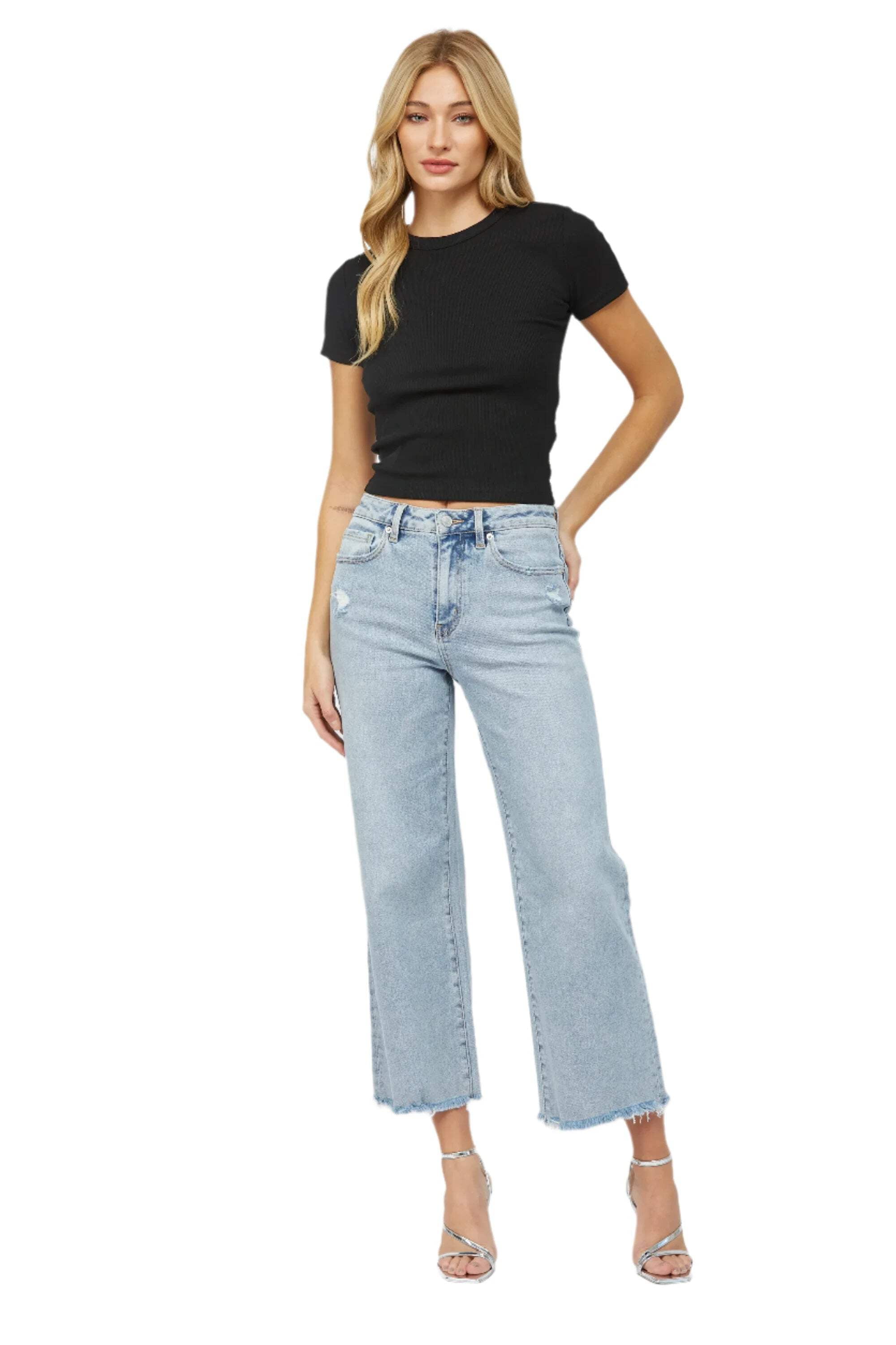 Ladies Mica Denim High Rise Wide Leg Jeans With Jeweled Embellishments