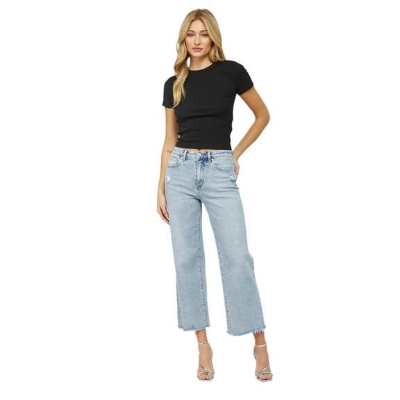 Mica Denim - High Rise Raw Hem Ankle Wide Leg Jeans (27" Inseam) - MDP-W3034LT