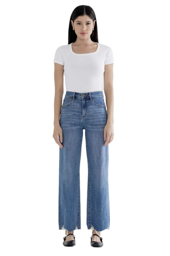 - High Rise Wide Leg Jeans with Distressed Hem (28" Inseam) - MDP-W3218