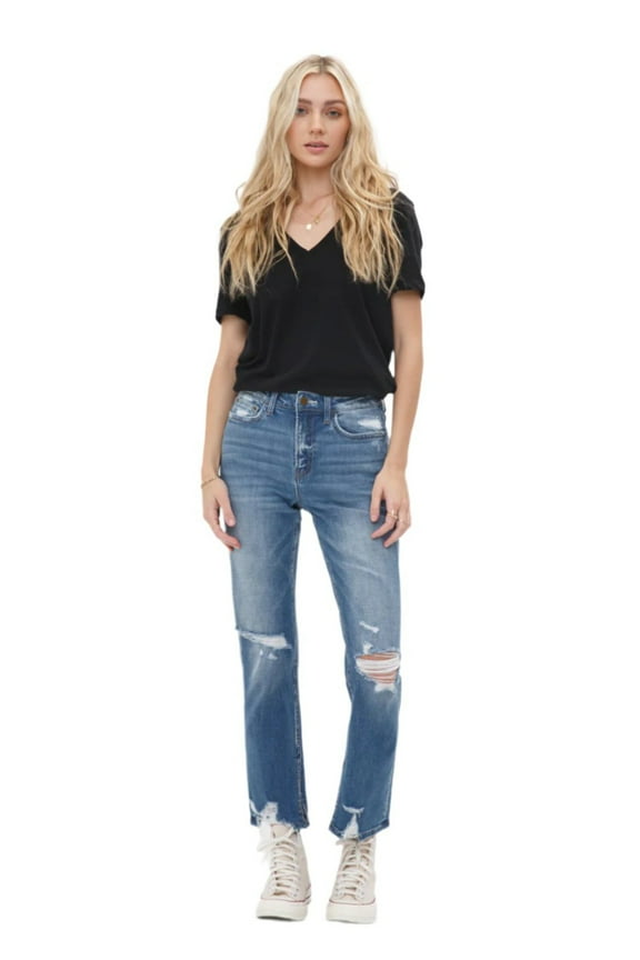 - High Rise Distressed Straight Jeans (28" Inseam) - MDP-T248
