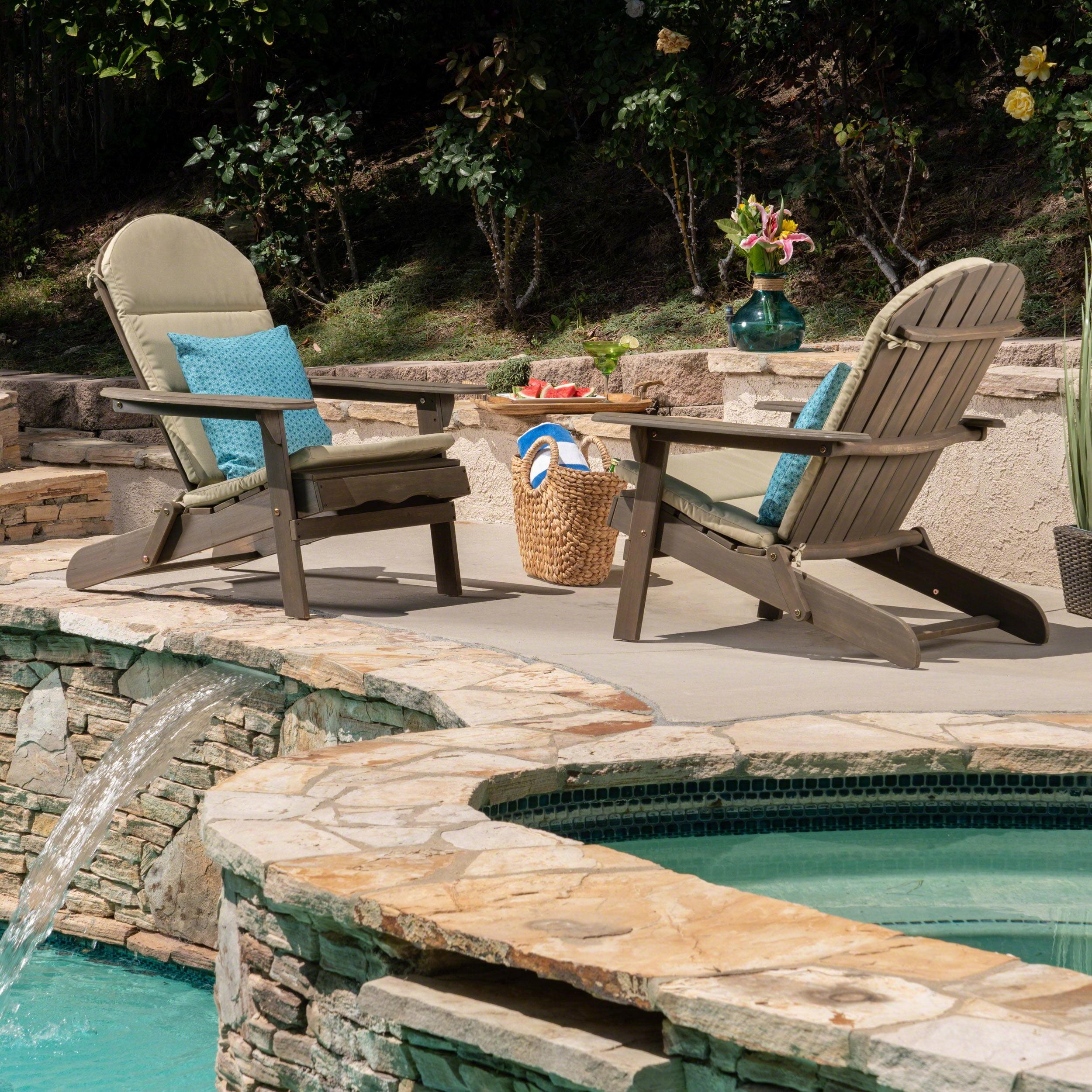 Micah Outdoor Acacia Wood Adirondack Chairs with Cushions, Grey , Khaki